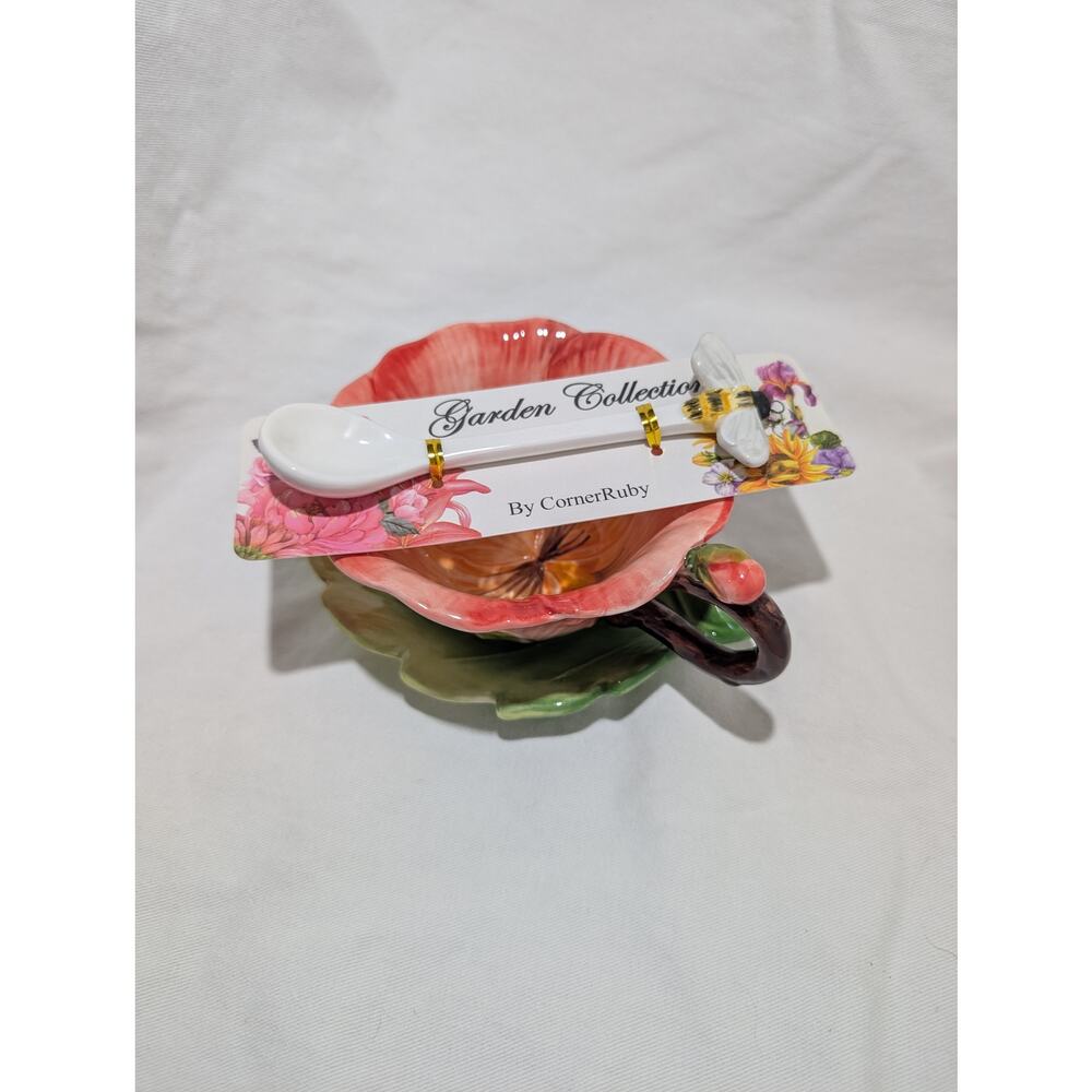 Sculpted Pansy Ceramic Tea Cup Set Corner Ruby's Garden Collection NWT